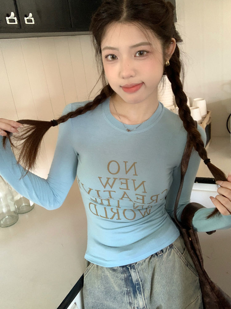 法式秋冬字母印花打底衫女低領內搭修身顯瘦小眾時尚辣妹外穿上衣