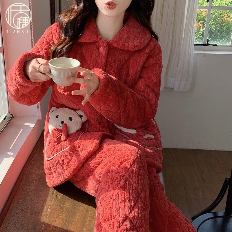 本命年喜慶紅色睡衣女款冬季三層夾棉加厚法蘭絨保暖珊瑚絨家居服
