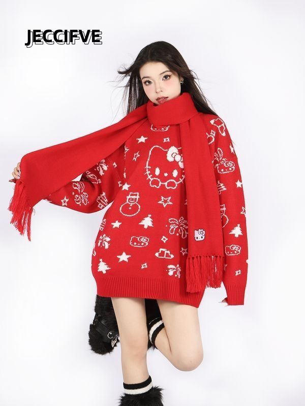 JECCIFIVE美式復古秋冬甜妹凱蒂貓小眾提花針織毛衣男女ins潮上衣