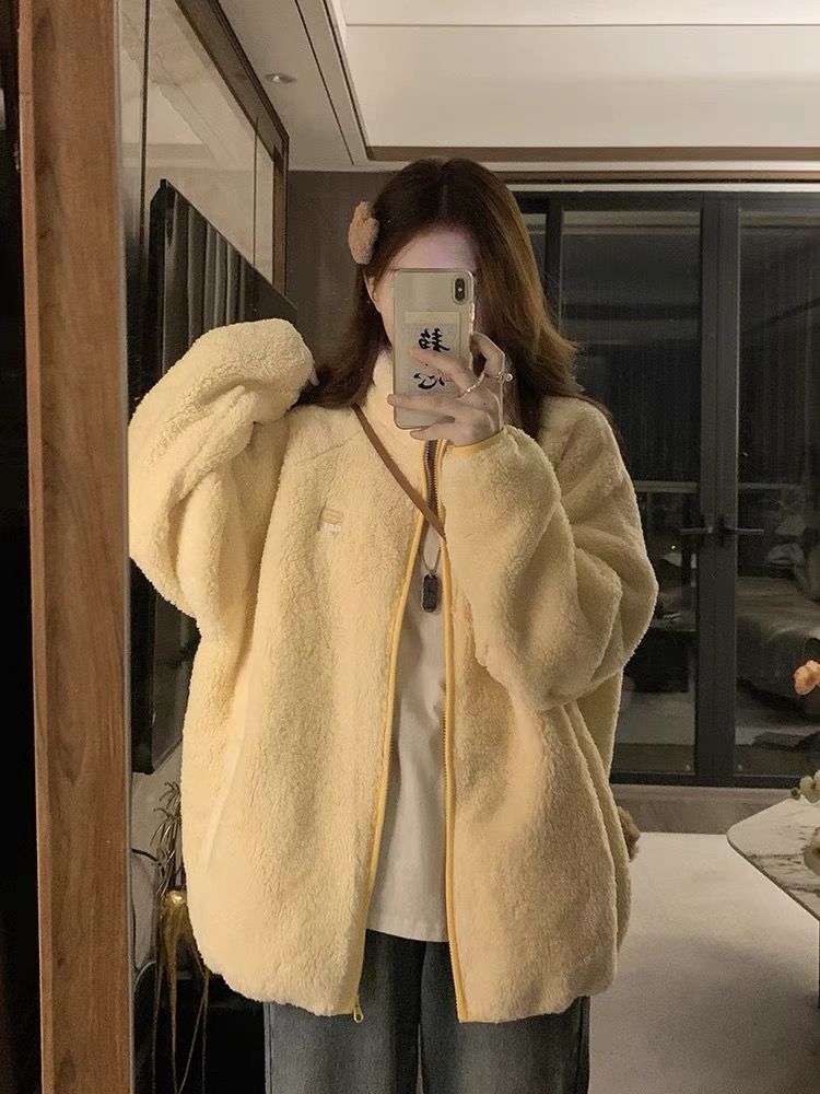 日系奶fufu羊羔絨外套女小個子秋冬立領加絨保暖羊羔毛休閒夾克潮