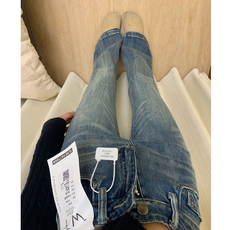 美式小個子復古微喇牛仔褲女春季新款高腰彈力顯瘦直筒馬蹄長褲潮