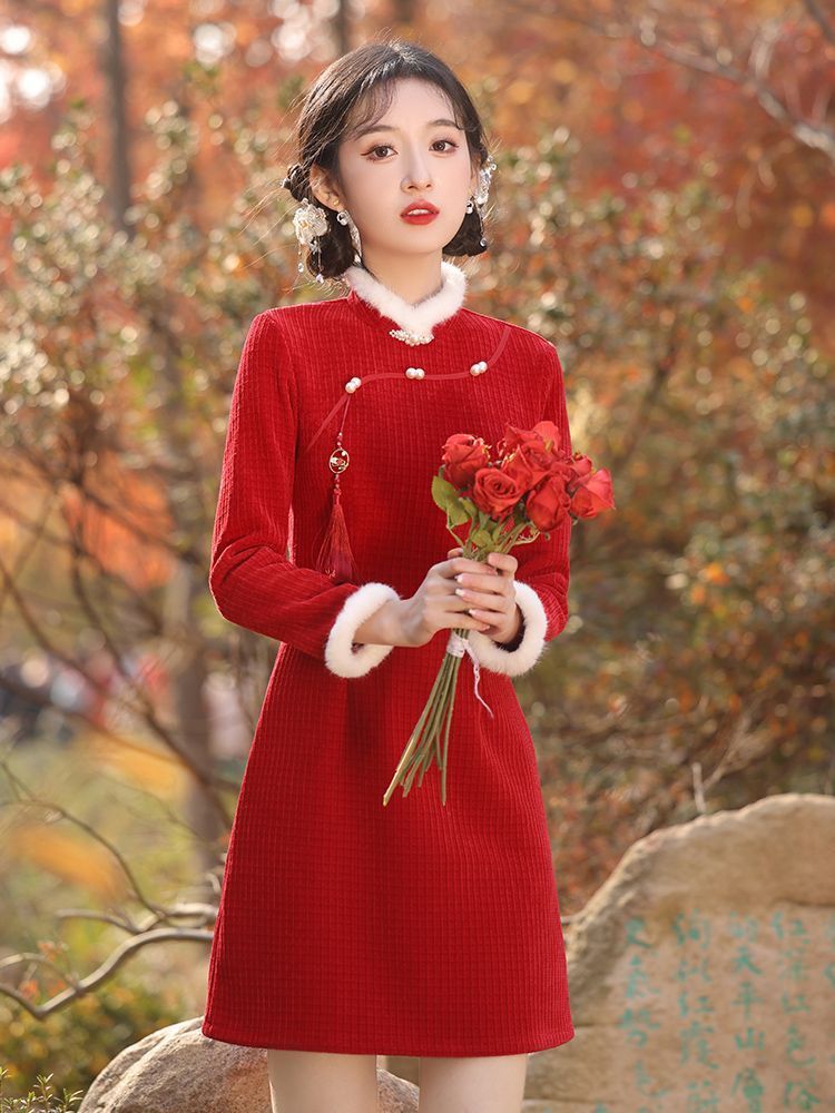 红色旗袍2024新款过年拜年服大人新年战袍冬季加厚小个子喜庆女装