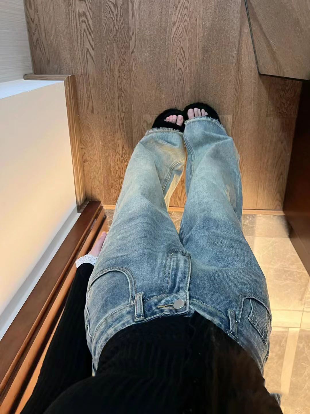 美式復古懷舊藍牛仔褲女秋冬高腰寬鬆顯瘦直筒毛邊垂感復古闊腿褲