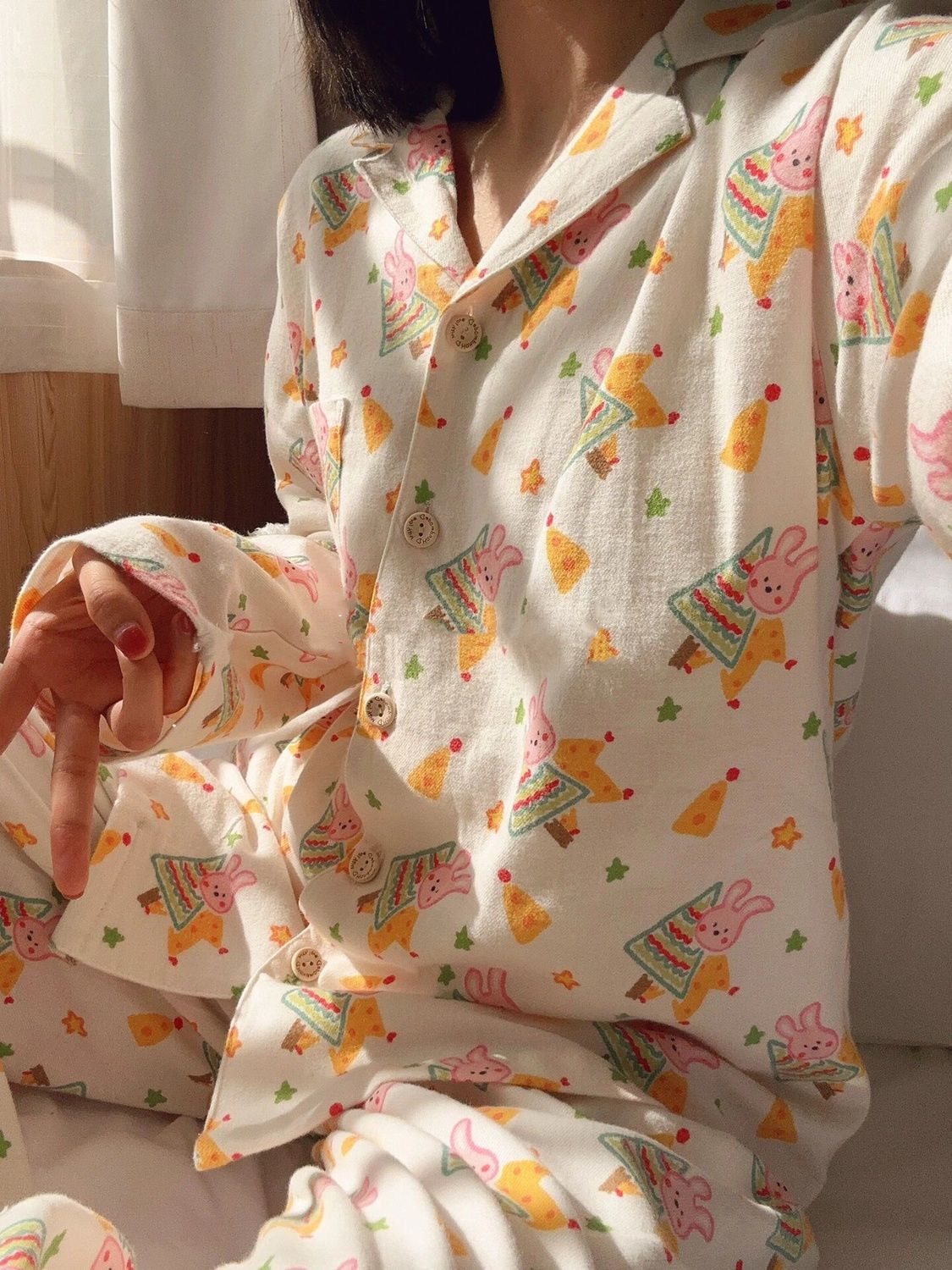 韓版卡通兔子印花開衫長袖長褲睡衣女春秋款2023網紅風家居服套裝