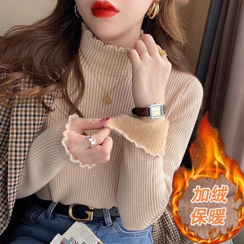Half turtleneck all-in-one velvet bottoming shirt for women, autumn and winter 2024 new style velvet thickened sweater, fungus-edged sweater