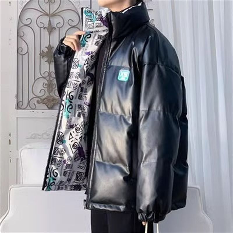 PU leather cotton coat, double-sided cotton coat, men's trendy brand ins handsome jacket, Korean style trendy winter thickened cotton coat, cotton jacket