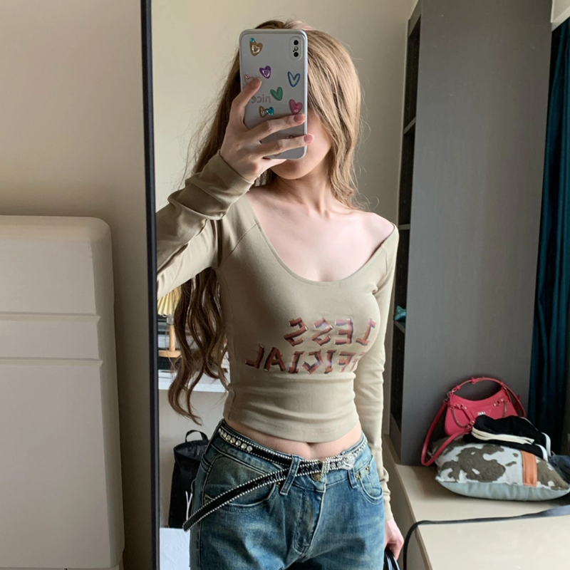 American retro hottie U-neck long-sleeved T-shirt women's spring and autumn inner layering shirt slimming short style slim slimming top trendy