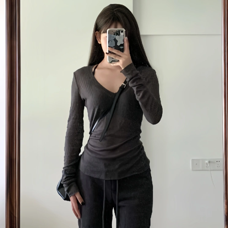 純欲辣妹風長袖T恤女2023秋新款設計感小眾修身顯瘦內搭打底上衣