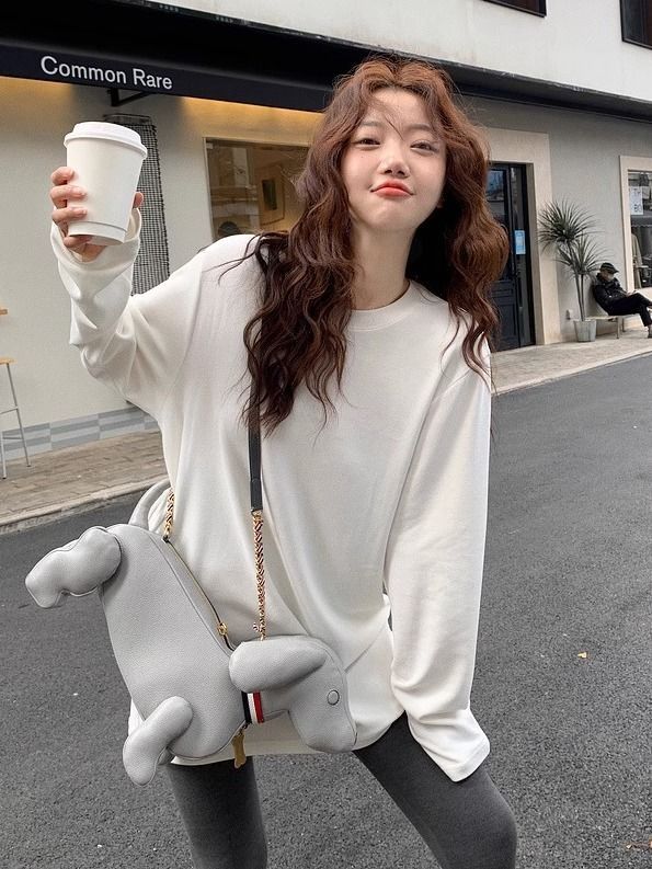 雙面德絨長袖T恤女中長款冬款內搭保暖寬鬆圓領純色百搭打底上衣