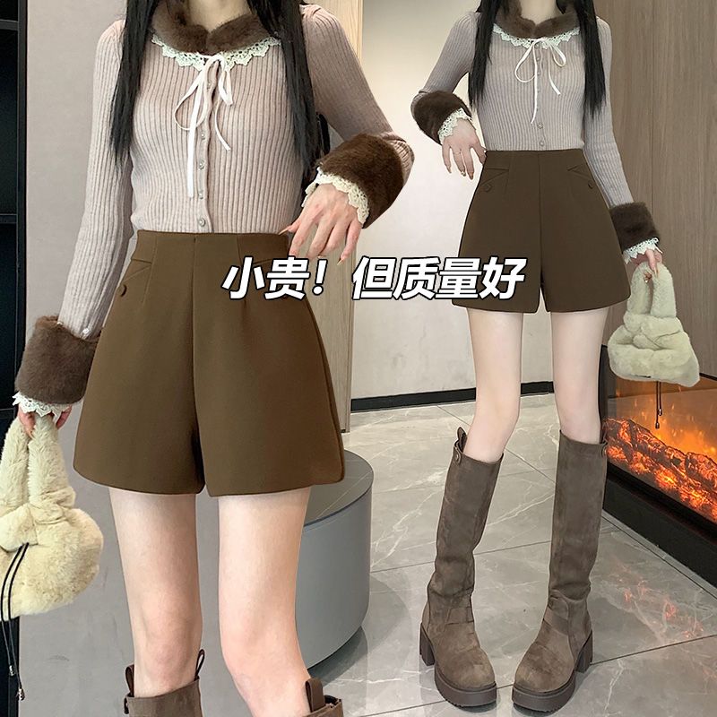 簡約現貨加厚毛呢煙管寬鬆直筒短褲女秋冬新款高腰顯瘦外穿靴褲