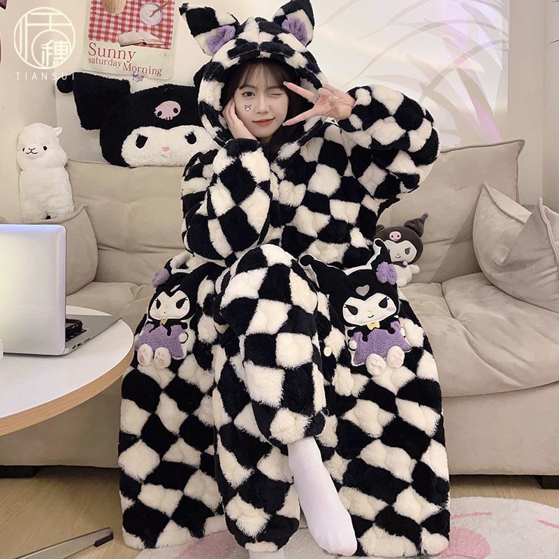 睡衣女士冬季三層夾棉襖加絨加厚長款可愛珊瑚絨保暖家居服兩件套
