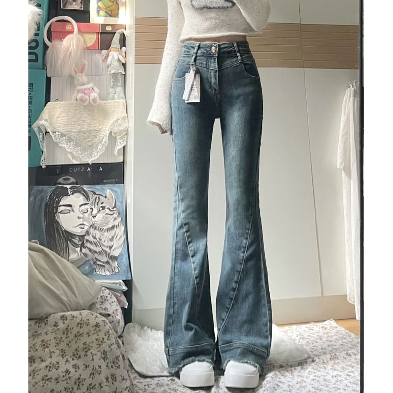 復古做舊毛邊微喇叭牛仔褲女春季小個子彈力直筒顯瘦拖地馬蹄長褲