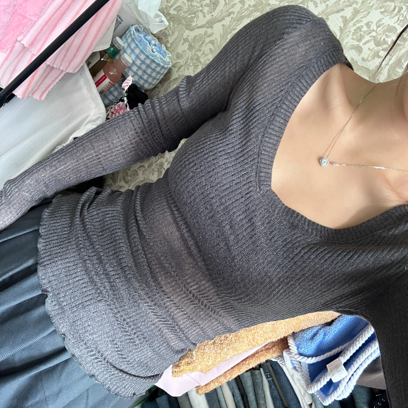 純欲正肩V領長袖女早秋純色新款設計感小眾修身顯瘦內搭打底上衣