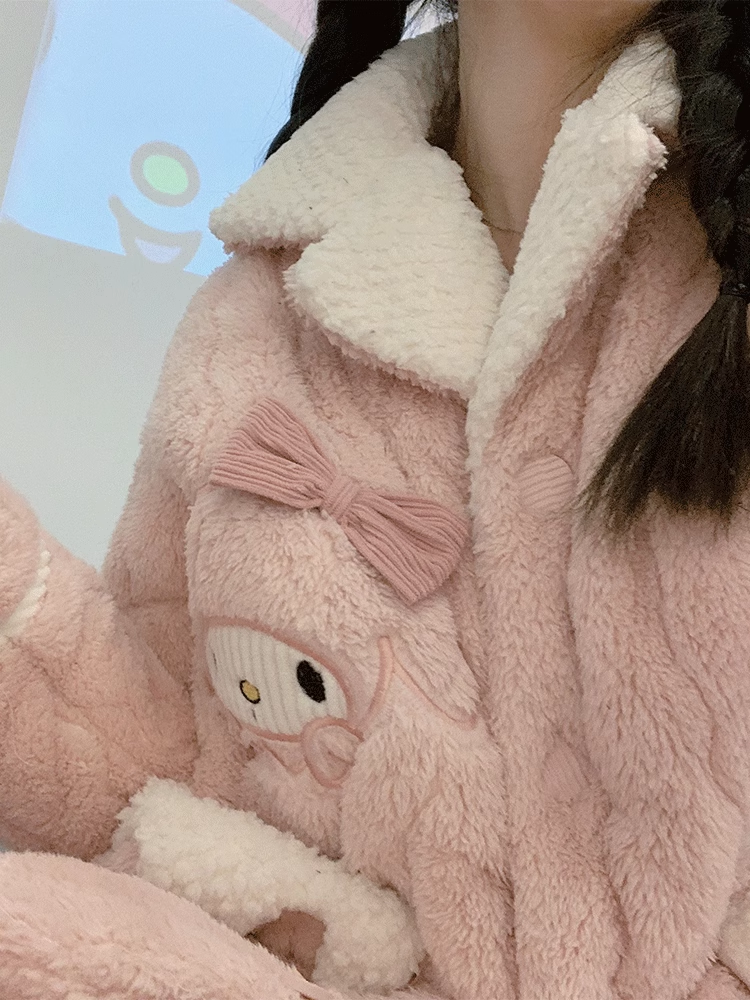美樂蒂珊瑚絨睡衣女冬季三層夾棉加厚加絨秋冬天法蘭絨可愛家居服