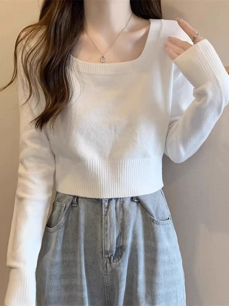 Autumn and winter 2024 new white square neck knitted bottoming shirt for women with sweater high waist short top for small people trendy