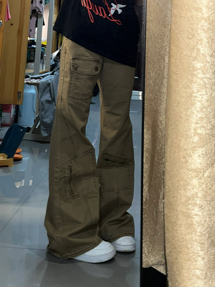卡其色多口袋牛仔工裝褲女小個子低腰顯瘦直筒寬鬆微喇拖地長褲潮