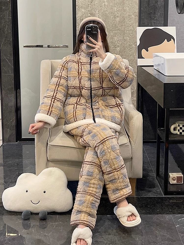 珊瑚絨睡衣女秋冬季三層夾棉加厚2023新款大碼保暖加絨家居服套裝