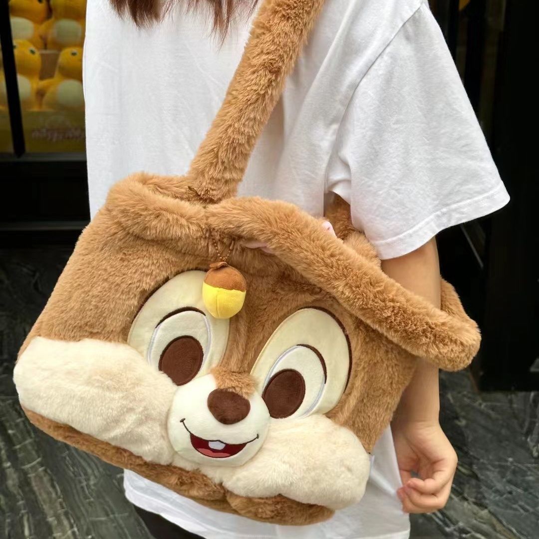 2024新款奇奇蒂蒂單肩包毛絨卡通松鼠手提包美拉德風學生大容量包
