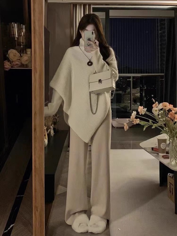 不規則高領毛衣女2023秋冬季新款爆款溫柔韓系慵懶風加厚針織上衣