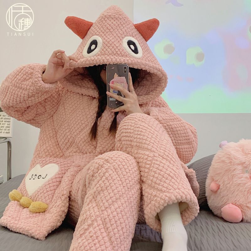 睡衣女士冬季三層加厚夾棉睡衣珊瑚絨法蘭絨連帽款保暖棉襖家居服
