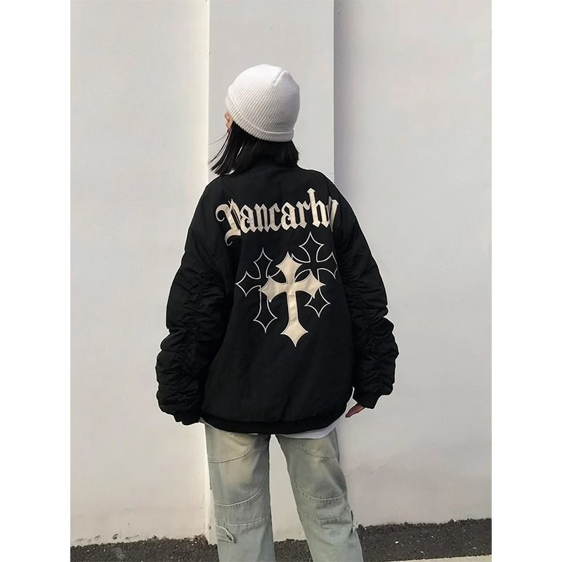 FAK刀刀 美式十字架貼布刺繡飛行服棉衣純色加厚保暖情侶外套
