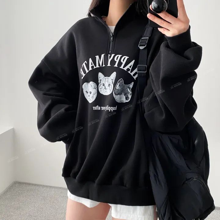 衛衣女貓咪拉鏈厚款薄款春秋冬季寬鬆加厚衛衣中長款春秋冬款加絨
