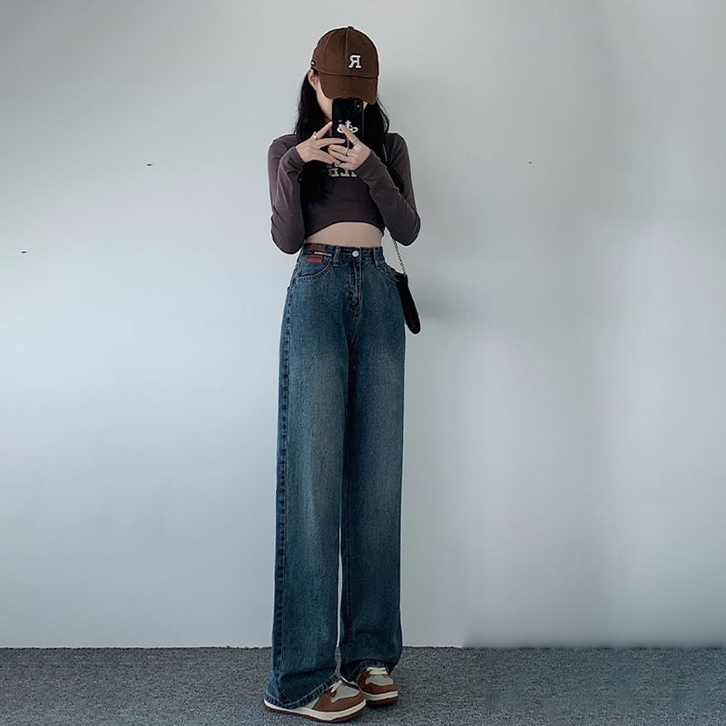 個性皮牌設計高腰牛仔褲女復古直筒寬鬆休閒秋冬垂墜感拖地牛仔褲