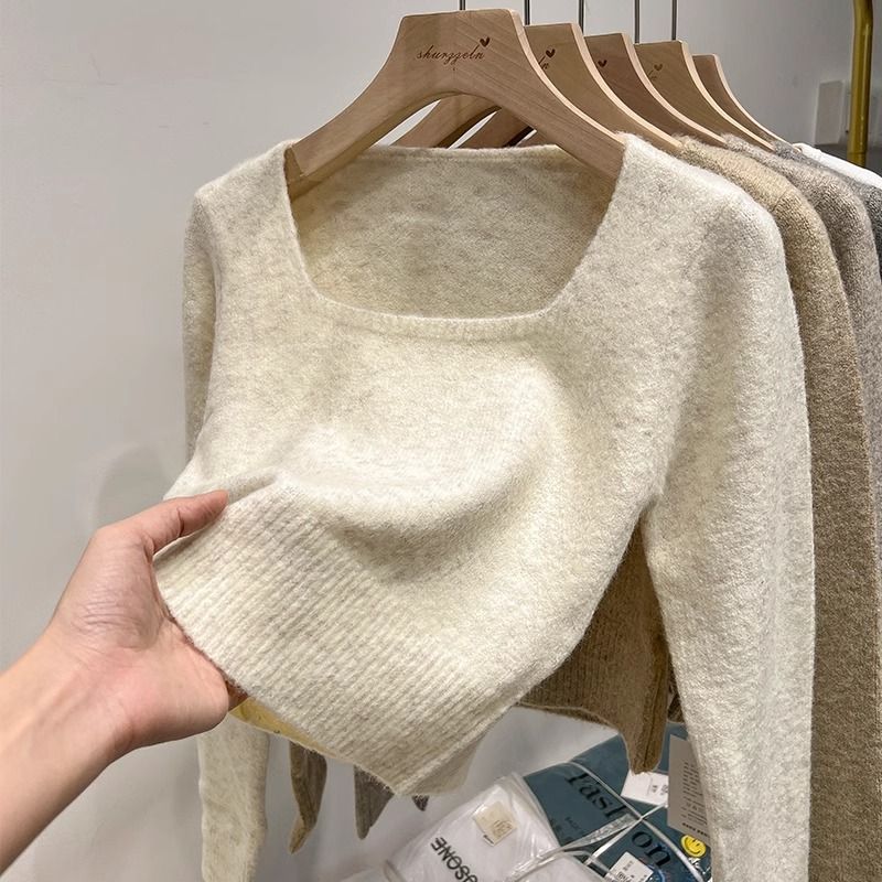 Square collar exposed clavicle soft waxy knitted bottoming shirt for women 2024 autumn and winter high-end sweater pullover top T-shirt