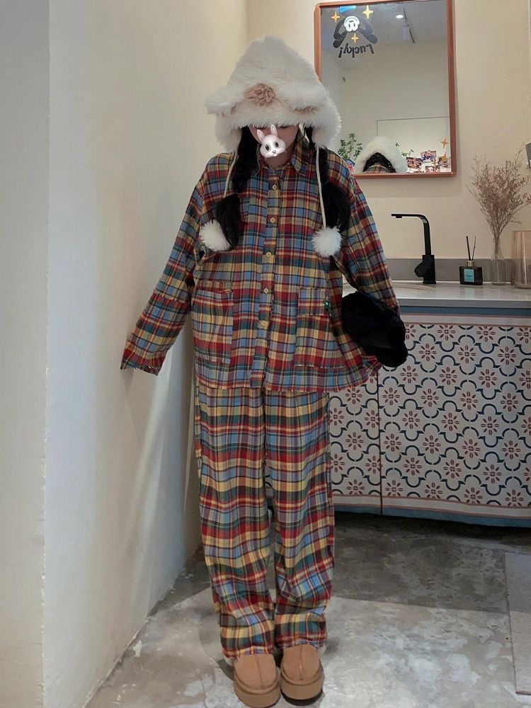 韩版高级感韩版彩色格纹长袖睡衣女秋冬款加厚保暖家居服套装外穿
