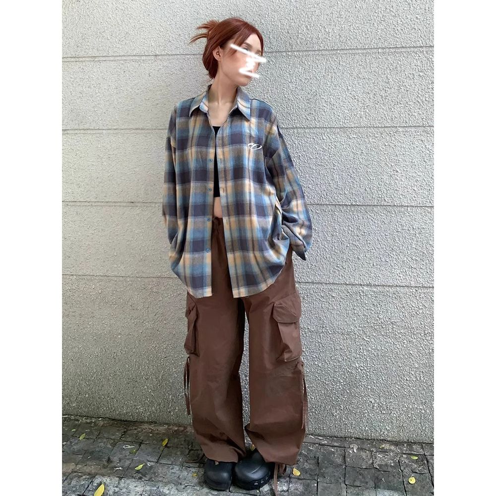 美式學院風撞色格子襯衫女秋季新款襯衣外套oversize長袖寬鬆上衣