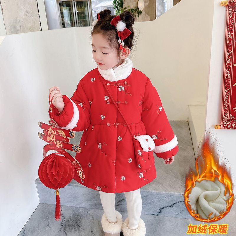 花棉袄女童冬季过年服2024新款加厚红色喜庆拜年儿童国风中式棉服