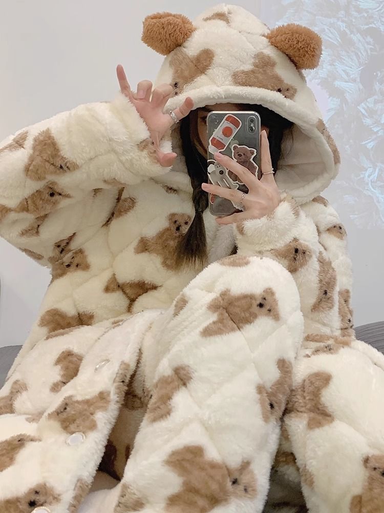 小熊睡袍女款秋冬季三層夾棉襖珊瑚絨加厚浴袍套裝法蘭絨長款睡衣