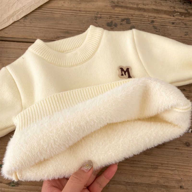 一体绒儿童毛衣冬季新款保暖加厚圆领上衣针织衫纯色内搭打底衫