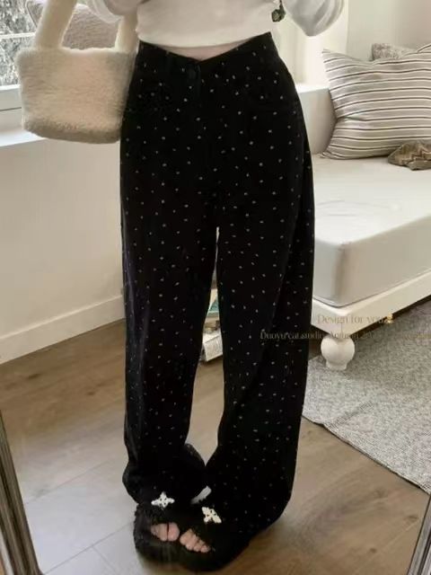 高腰印花設計黑色直筒牛仔褲女秋冬新款修身顯瘦垂感百搭拖地長褲