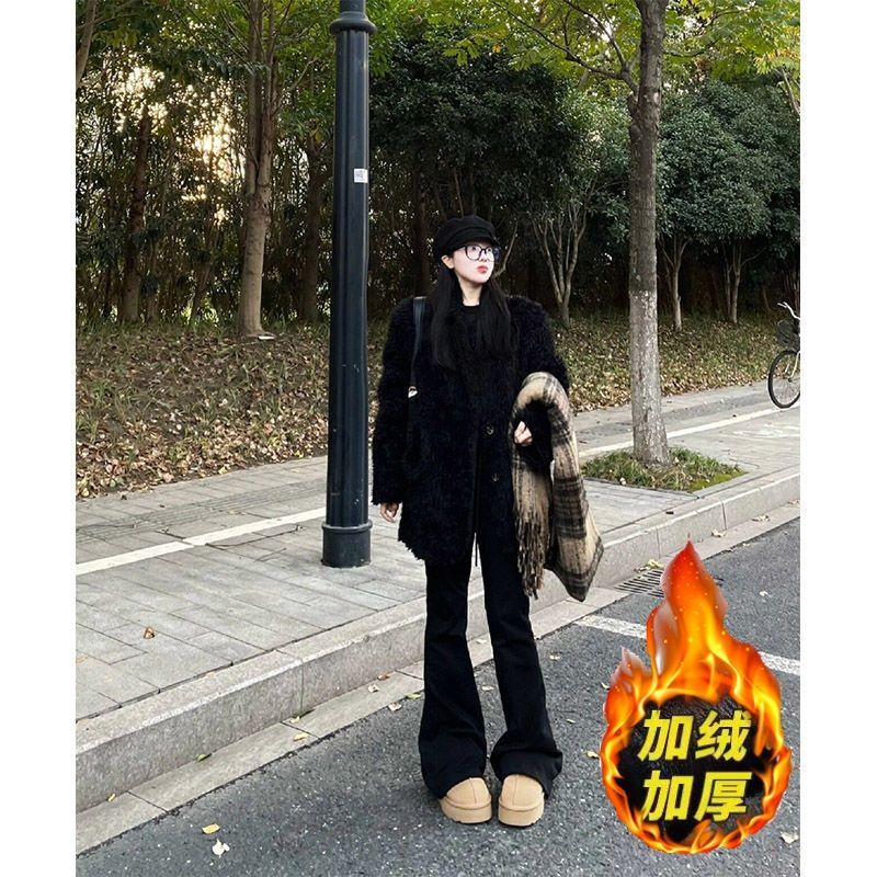 秋冬加絨黑色微喇叭牛仔褲女美式復古彈力馬蹄褲高腰顯瘦拖地長褲