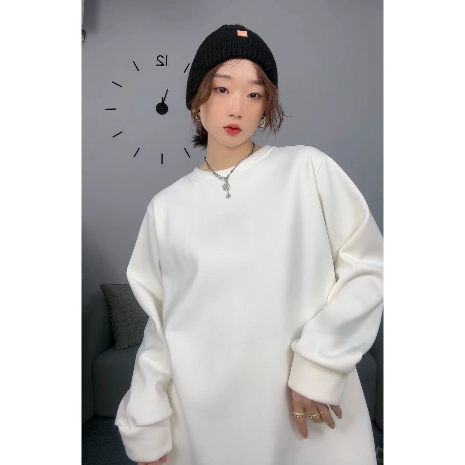 加絨加厚磨毛打底衫女秋冬季ins設計感內搭中長款寬鬆上衣長袖T恤
