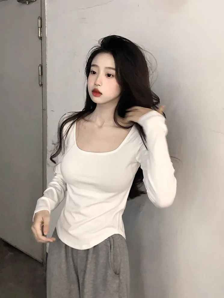 方領上衣女白色打底衫內搭2023新款春秋冬季新款修身低領棉質長袖