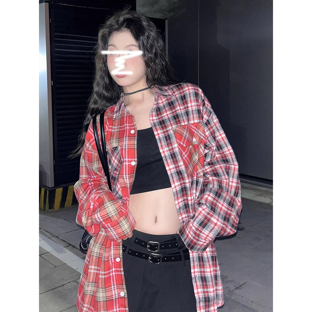 美式復古高街紅色格子襯衫女秋季新款拼接設計感寬鬆長袖襯衣外套