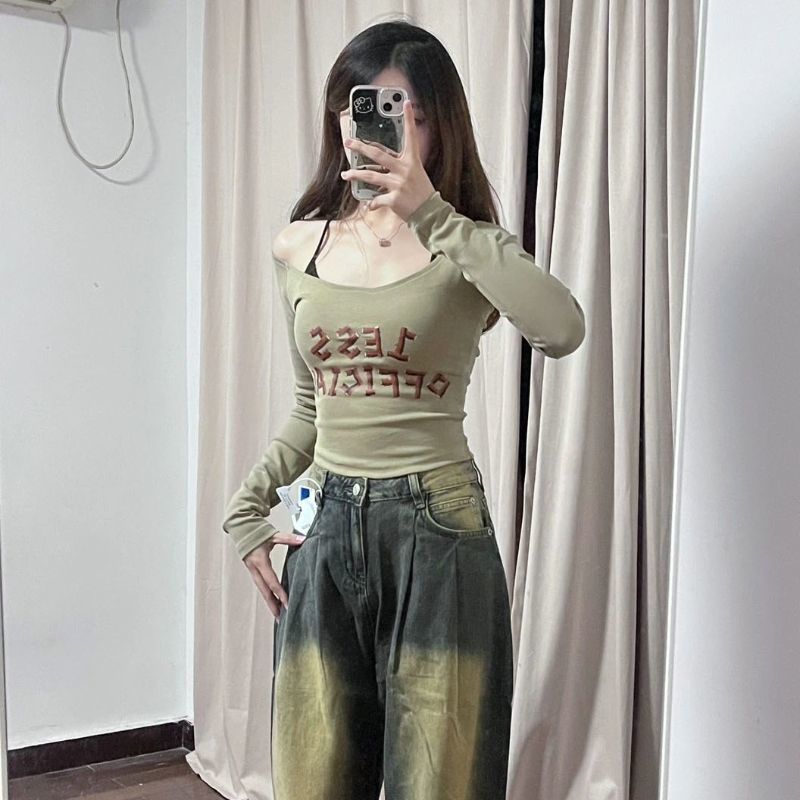 美式正肩低領長袖t恤女春秋內搭打底衫修身顯瘦收腰辣妹短款上衣