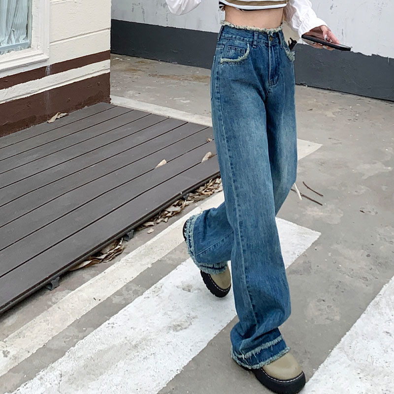 2023新款高腰顯瘦直筒高街毛邊牛仔褲女秋裝寬鬆闊腿褲潮流復古藍