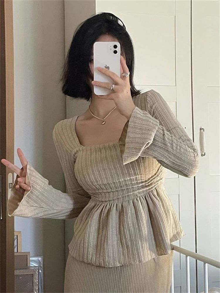 秋季新款純欲風方領長袖T恤女高級感寬鬆顯瘦打底衫ins百搭上衣潮