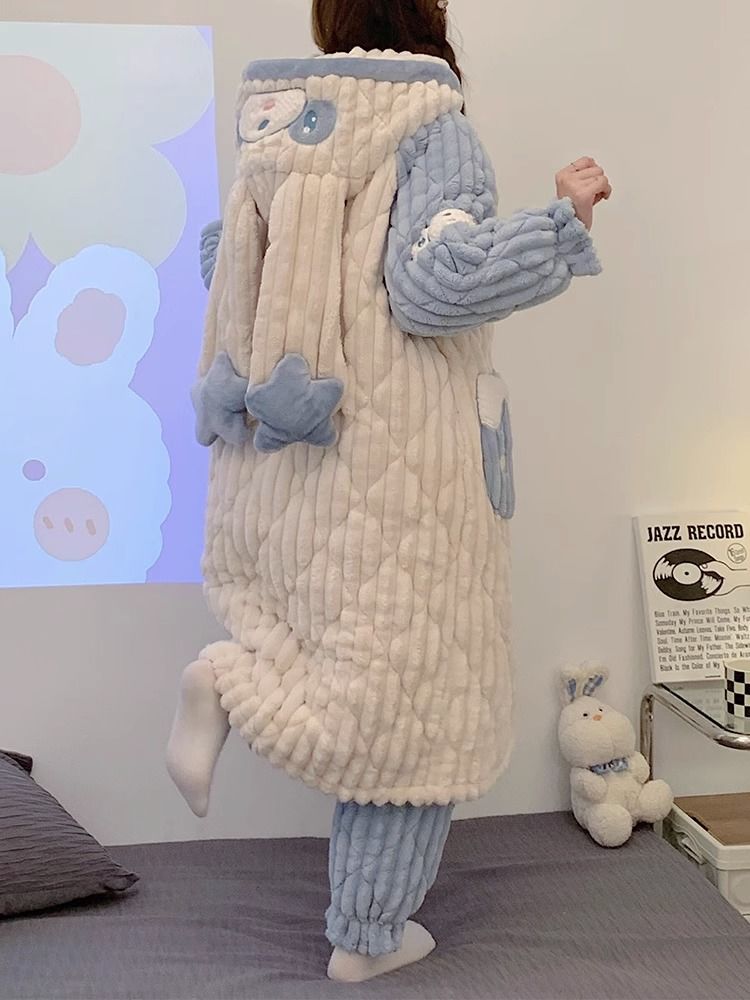 玉桂狗睡袍女秋冬季款加厚加絨珊瑚絨睡衣三層夾棉長款浴袍家居服
