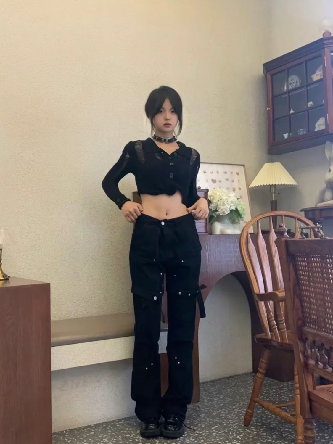 復古綁帶設計黑色牛仔褲女秋冬新款高腰顯瘦直筒百搭拖地長褲子潮