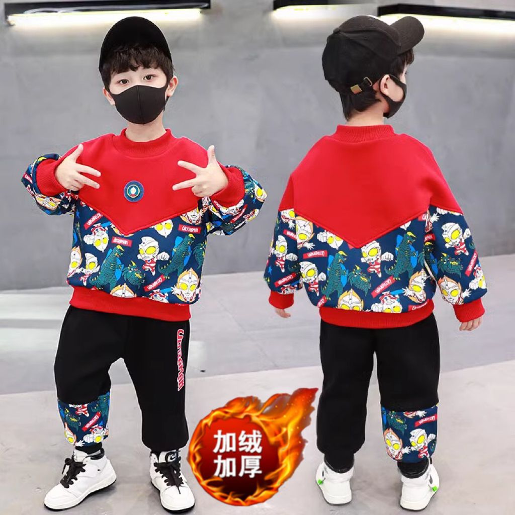 奧特曼衣服男童加絨衛衣套裝2024冬裝新款寶寶運動過年服兩件套潮