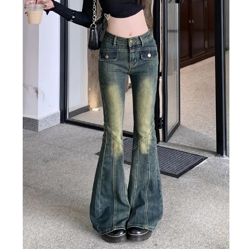 145小個子復古做舊牛仔褲女修身顯瘦微喇褲辣妹高腰闊腿馬蹄長褲