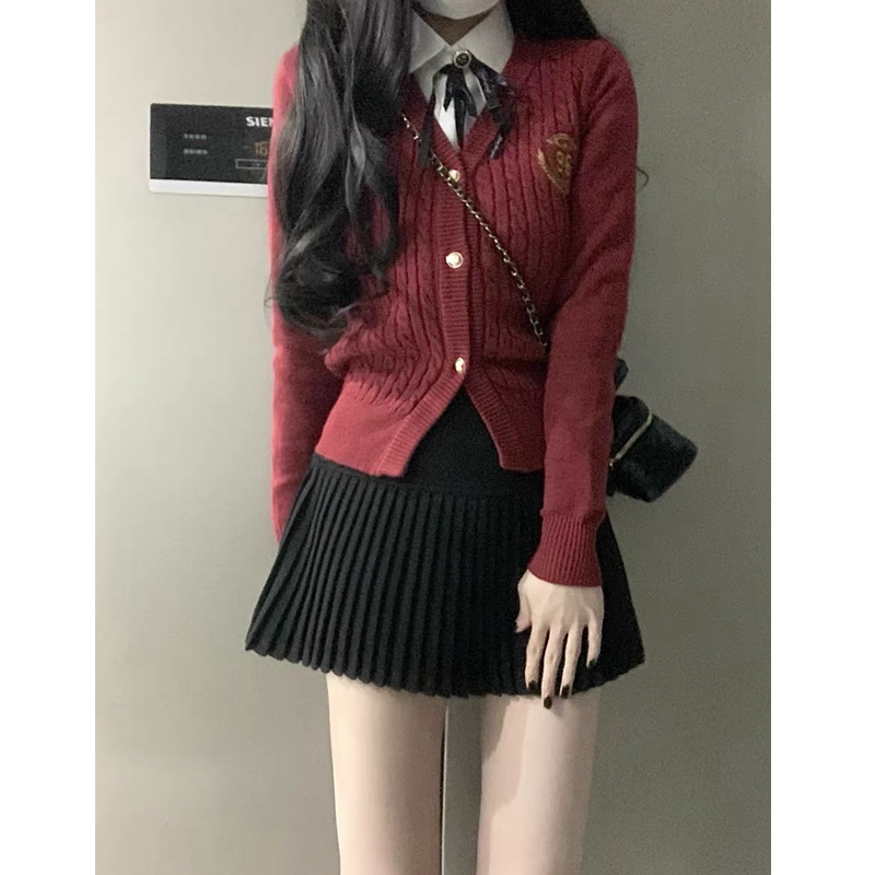 三件套女2023秋冬新款聖誕學院風長袖針織毛衣開衫疊穿襯衫半身裙