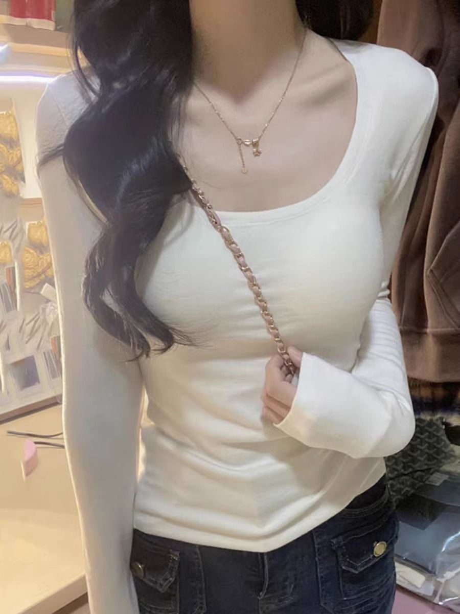純欲白色打底衫長袖t恤女新款春季修身顯瘦收腰短款內搭辣妹上衣