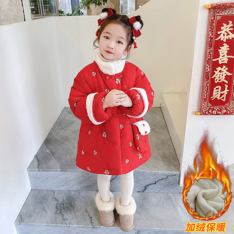 花棉袄女童冬季过年服2024新款加厚红色喜庆拜年儿童国风中式棉服
