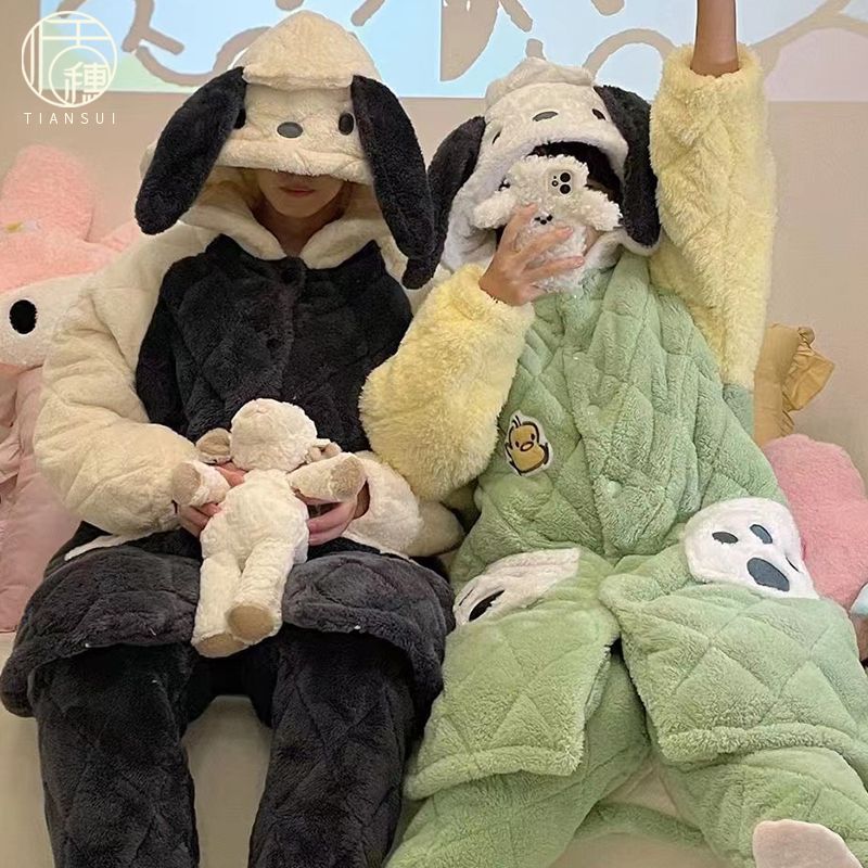 三層夾棉襖睡衣女士冬季珊瑚絨長袍加絨加厚保暖法蘭絨家居服套裝