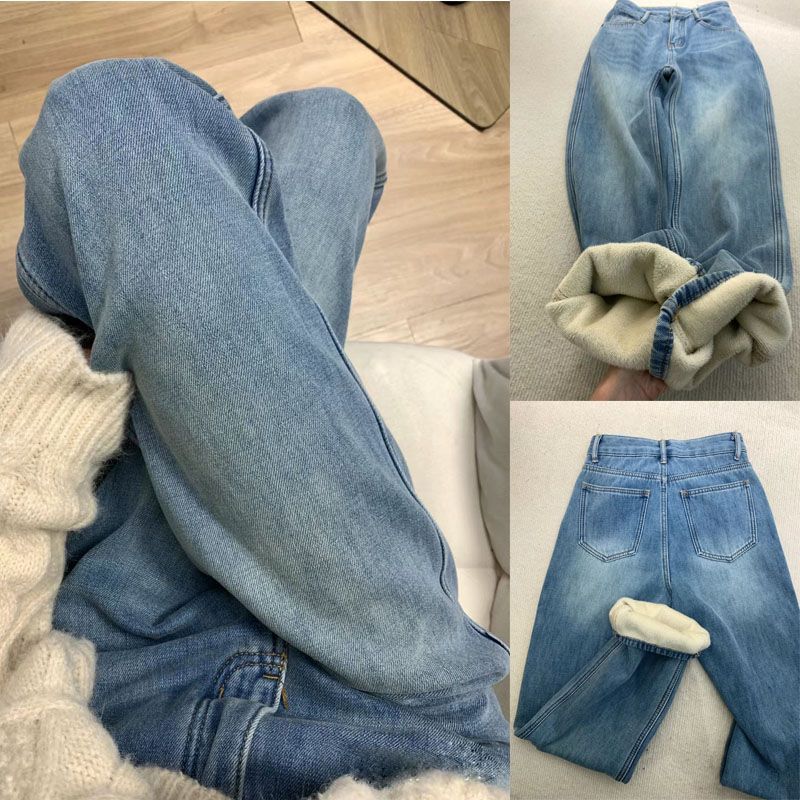 加絨加厚復古藍直筒牛仔褲女秋冬季胖妹妹mm高腰寬鬆顯瘦闊腿長褲